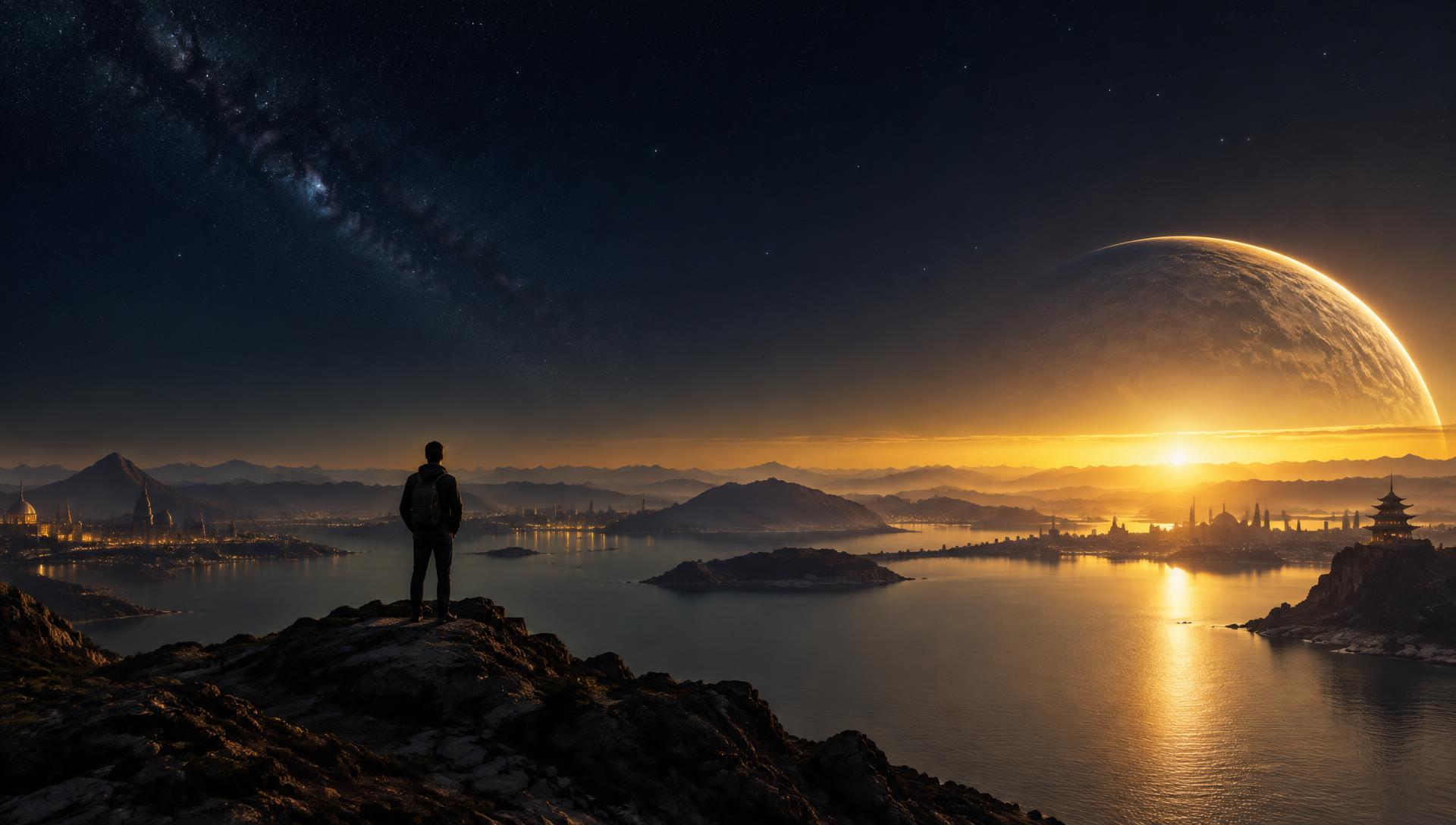 A solitary figure beside the water looks toward mountains and a golden planetary horizon